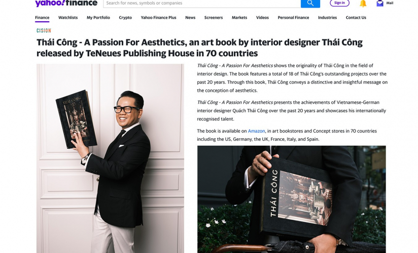 Thái Công – A Passion For Aesthetics, an art book by interior designer Thái Công released by TeNeues Publishing House in 70 countries (yahoo finance)